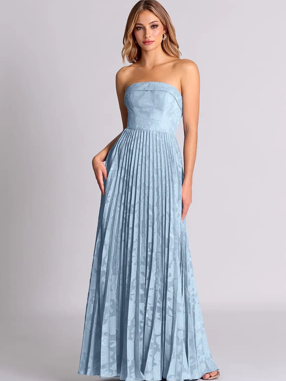 NWT Azazie Mariana Sky Blue A-Line Strapless Floral Burnout Convertible Dress